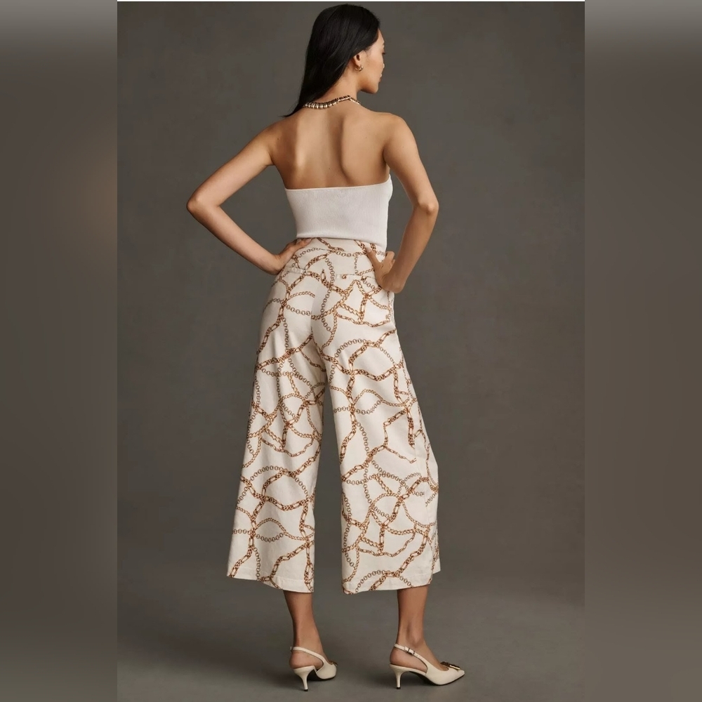 Maeve Anthropologie Cream Wide-Leg Flowy Cropped Chain Print Palazzo Pants Sz 14 - Picture 3 of 12